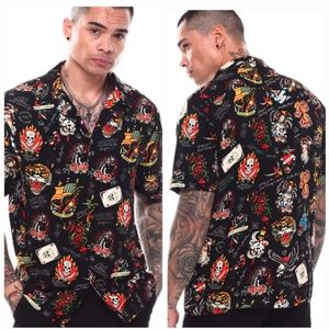 Ed Hardy All Over Print ButtonBLACK FLASHBOARD  camp SHIRT size Medium New